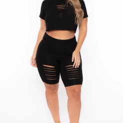 Curvy Sense Matching Sets Plus Size Destroyed Crop And Biker Short Set - Black
