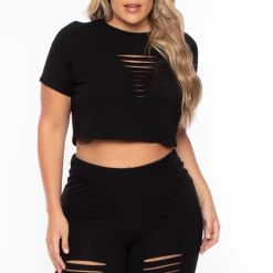 Curvy Sense Matching Sets Plus Size Destroyed Crop And Biker Short Set - Black