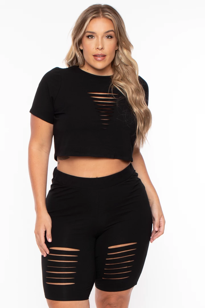 Curvy Sense Matching Sets Plus Size Destroyed Crop And Biker Short Set - Black 4 Curvy Sense Matching Sets Plus Size Destroyed Crop And Biker Short Set - Black