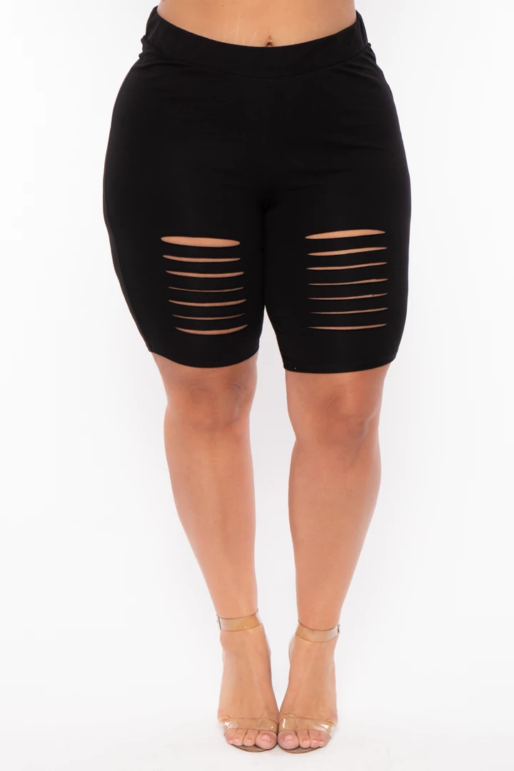 Curvy Sense Matching Sets Plus Size Destroyed Crop And Biker Short Set - Black 6 Curvy Sense Matching Sets Plus Size Destroyed Crop And Biker Short Set - Black