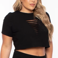 Curvy Sense Matching Sets Plus Size Destroyed Crop And Biker Short Set - Black 9 Curvy Sense Matching Sets Plus Size Destroyed Crop And Biker Short Set - Black