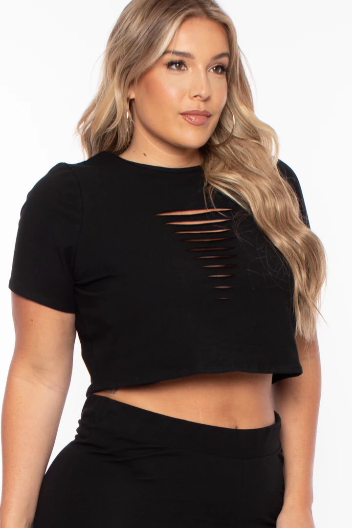 Curvy Sense Matching Sets Plus Size Destroyed Crop And Biker Short Set - Black 5 Curvy Sense Matching Sets Plus Size Destroyed Crop And Biker Short Set - Black
