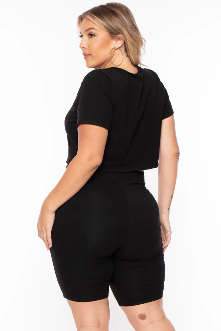 Curvy Sense Matching Sets Plus Size Destroyed Crop And Biker Short Set - Black 7 Curvy Sense Matching Sets Plus Size Destroyed Crop And Biker Short Set - Black