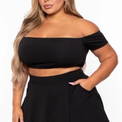 Curvy Sense Plus Size Dioceline Off Shoulder Crop Top & Skirt Set - Black Matching Sets