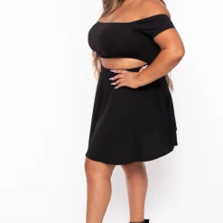 Curvy Sense Plus Size Dioceline Off Shoulder Crop Top & Skirt Set - Black Matching Sets