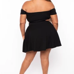 Curvy Sense Plus Size Dioceline Off Shoulder Crop Top & Skirt Set - Black Matching Sets