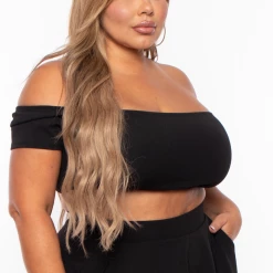 Curvy Sense Plus Size Dioceline Off Shoulder Crop Top & Skirt Set - Black Matching Sets