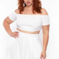 Curvy Sense Plus Size Dioceline Off Shoulder Crop Top & Skirt Set - Ivory 8 Curvy Sense Plus Size Dioceline Off Shoulder Crop Top & Skirt Set - Ivory