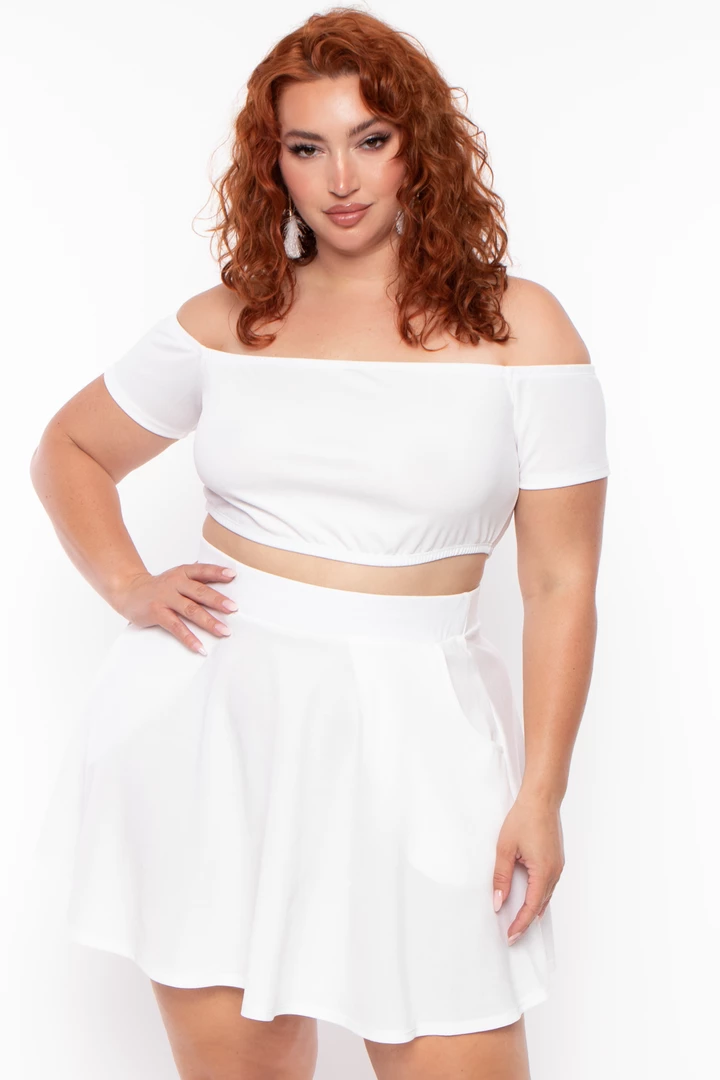 Curvy Sense Plus Size Dioceline Off Shoulder Crop Top & Skirt Set - Ivory 5 Curvy Sense Plus Size Dioceline Off Shoulder Crop Top & Skirt Set - Ivory
