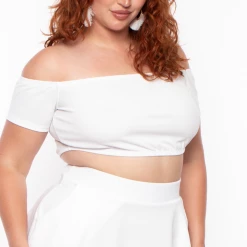 Curvy Sense Plus Size Dioceline Off Shoulder Crop Top & Skirt Set - Ivory