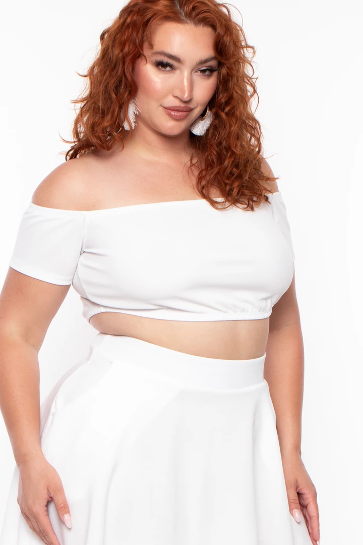 Curvy Sense Plus Size Dioceline Off Shoulder Crop Top & Skirt Set - Ivory 4 Curvy Sense Plus Size Dioceline Off Shoulder Crop Top & Skirt Set - Ivory