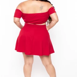 Curvy Sense Plus Size Dioceline Off Shoulder Crop Top & Skirt Set - Red Matching Sets