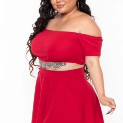Curvy Sense Plus Size Dioceline Off Shoulder Crop Top & Skirt Set - Red Matching Sets