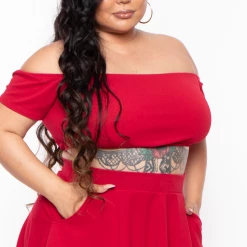 Curvy Sense Plus Size Dioceline Off Shoulder Crop Top & Skirt Set - Red Matching Sets