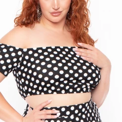 Curvy Sense Plus Size Dioceline Polka Dot Off Shoulder Crop Top & Skirt Set - Black/White