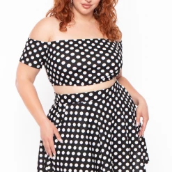 Curvy Sense Plus Size Dioceline Polka Dot Off Shoulder Crop Top & Skirt Set - Black/White