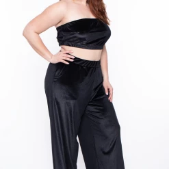 Curvy Sense Plus Size Eloise Velour Bandeau & Pant Set - Black Matching Sets