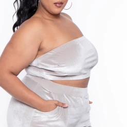 Curvy Sense Plus Size Eloise Velour Bandeau & Pant Set - Stone