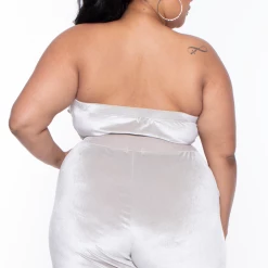 Curvy Sense Plus Size Eloise Velour Bandeau & Pant Set - Stone