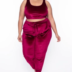 Curvy Sense Plus Size Gaby Velour Tank & Jogger Set - Burgundy Matching Sets