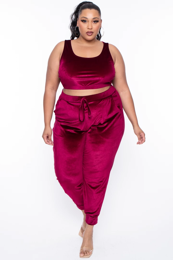 Curvy Sense Plus Size Gaby Velour Tank & Jogger Set - Burgundy Matching Sets 3 Curvy Sense Plus Size Gaby Velour Tank & Jogger Set - Burgundy Matching Sets