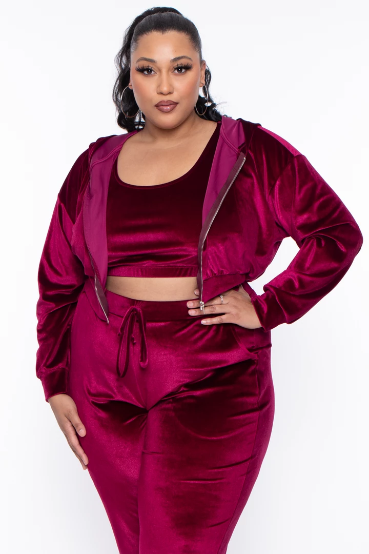 Curvy Sense Plus Size Gaby Velour Tank & Jogger Set - Burgundy Matching Sets 12 Curvy Sense Plus Size Gaby Velour Tank & Jogger Set - Burgundy Matching Sets