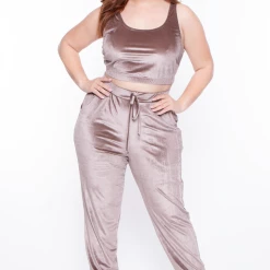 Curvy Sense Matching Sets Plus Size Gaby Velour Tank & Jogger Set - Taupe