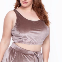 Curvy Sense Matching Sets Plus Size Gaby Velour Tank & Jogger Set - Taupe