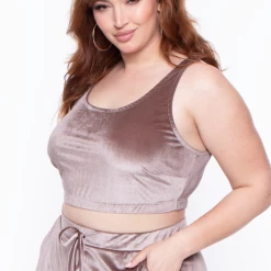 Curvy Sense Matching Sets Plus Size Gaby Velour Tank & Jogger Set - Taupe