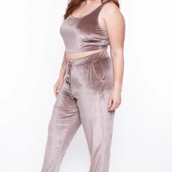 Curvy Sense Matching Sets Plus Size Gaby Velour Tank & Jogger Set - Taupe