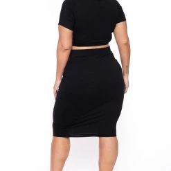 Curvy Sense New Arrivals Plus Size Jane Crop Top And Skirt Matching Set- Black