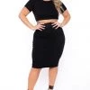 Curvy Sense New Arrivals Plus Size Jane Crop Top And Skirt Matching Set- Black