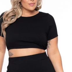 Curvy Sense New Arrivals Plus Size Jane Crop Top And Skirt Matching Set- Black