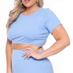 Curvy Sense Plus Size Jane Crop Top And Skirt Matching Set- Blue New Arrivals