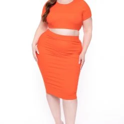 Curvy Sense Plus Size Jane Crop Top And Skirt Matching Set- Orange