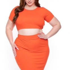 Curvy Sense Plus Size Jane Crop Top And Skirt Matching Set- Orange