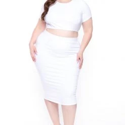 Curvy Sense Plus Size Jane Crop Top And Skirt Matching Set- White New Arrivals