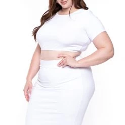 Curvy Sense Plus Size Jane Crop Top And Skirt Matching Set- White New Arrivals
