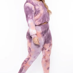 Curvy Sense Plus Size Jolene Tie Dye Lounge Pant Set - Eggplant