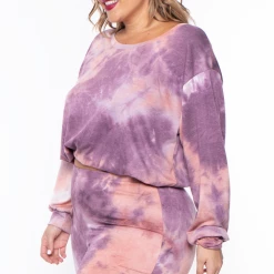 Curvy Sense Plus Size Jolene Tie Dye Lounge Pant Set - Eggplant