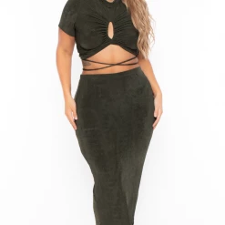 Curvy Sense Plus Size Leanne Slinky Matching Set - Olive