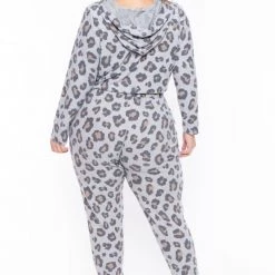 Curvy Sense Sets Plus Size Nisha Leopard Lounge Set - Gray