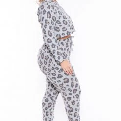 Curvy Sense Sets Plus Size Nisha Leopard Lounge Set - Gray
