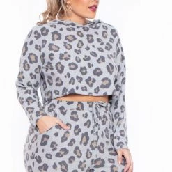 Curvy Sense Sets Plus Size Nisha Leopard Lounge Set - Gray