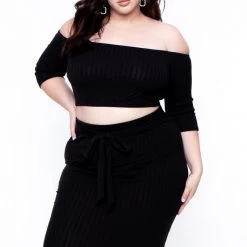 Curvy Sense Plus Size Off The Shoulder Matching Set - Black Back In Stock