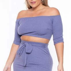 Curvy Sense Plus Size Off The Shoulder Matching Set - Periwinkle Sets