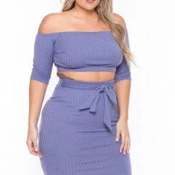 Curvy Sense Plus Size Off The Shoulder Matching Set - Periwinkle Sets