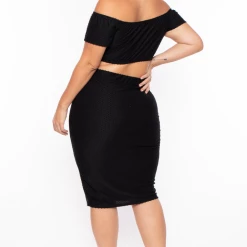 Curvy Sense Matching Sets Plus Size Off The Shoulder Textured Matching Set - Black