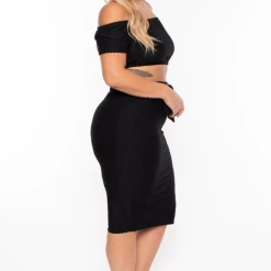 Curvy Sense Matching Sets Plus Size Off The Shoulder Textured Matching Set - Black