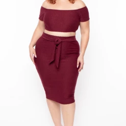 Curvy Sense Matching Sets Plus Size Off The Shoulder Textured Matching Set - Burgundy